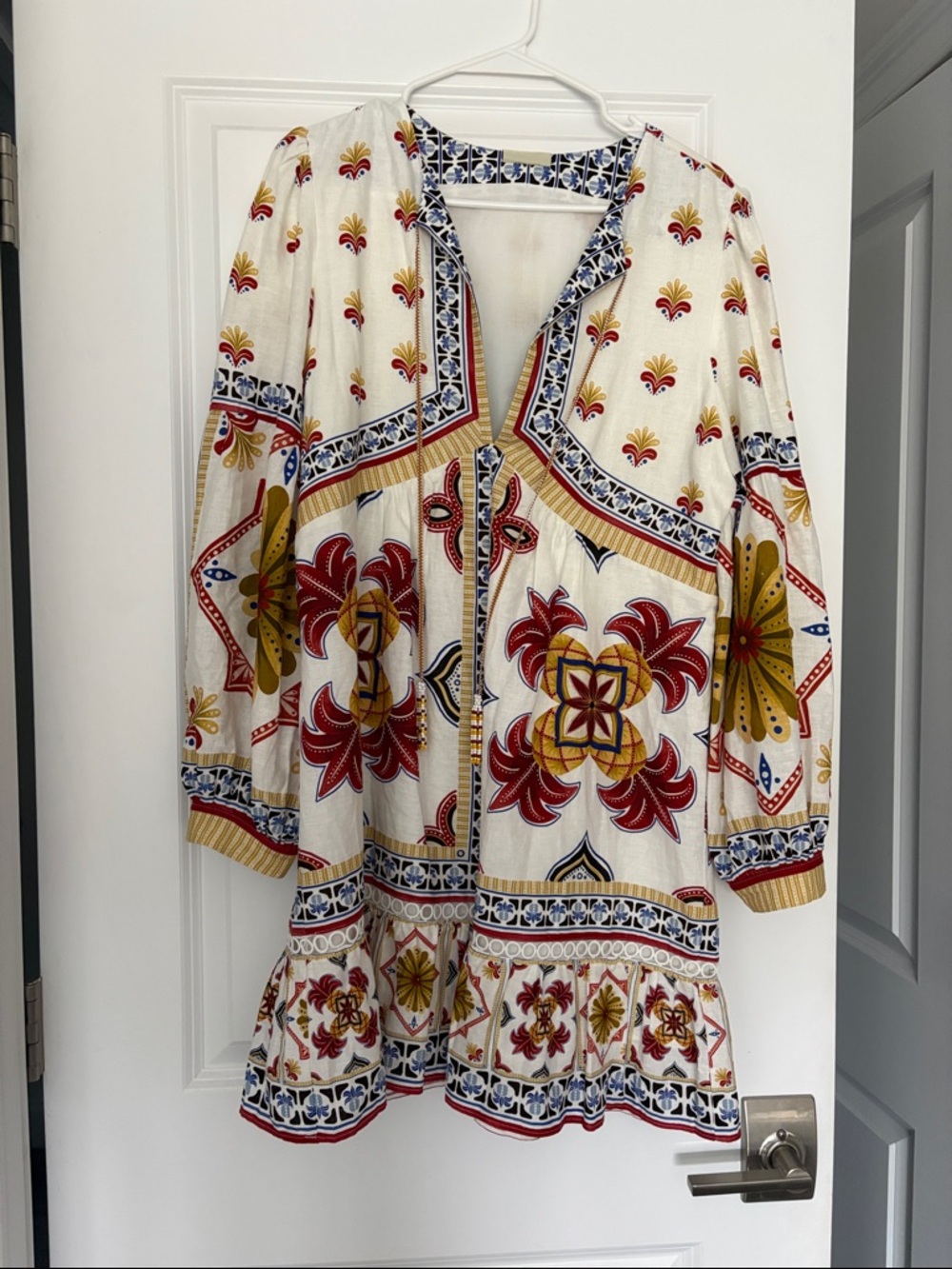 NWT FARM Rio Cream Tunic Dress with Red and Mustard Floral Tile Print